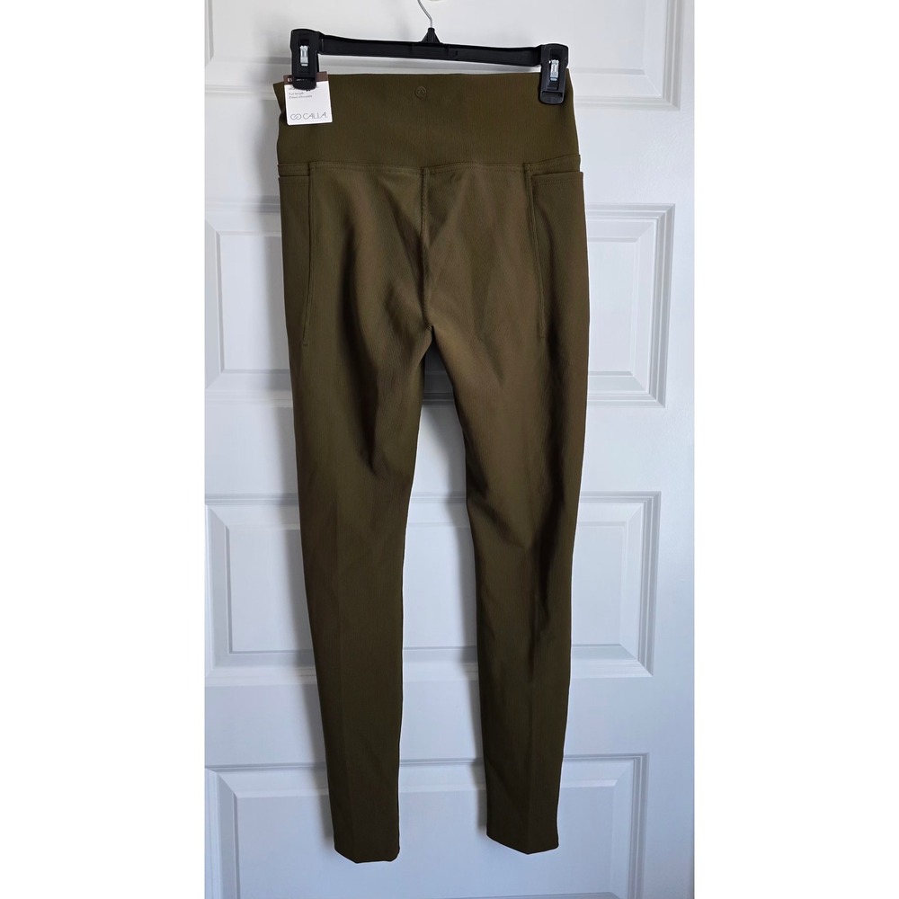 CALIA Essential High Rise Ribbed Leggings Olive Green Full Length Pockets NEW